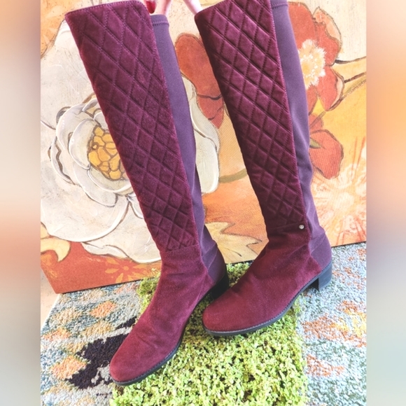 STUART WEITZMAN Merlot Wine Suede Knee High 2" Heel Slip On Elastic Back Boots 9 - Picture 1 of 15